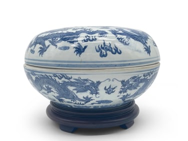 Chinese Blue & White Lidded Dragon Bowl