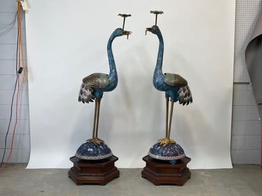 Pr. Monumental Chinese Cloisonné Crane Candle Stands