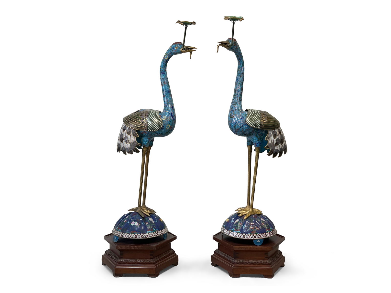 Pr. Monumental Chinese Cloisonné Crane Candle Stands (1 of 14)