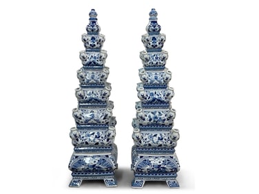 Pr. Chinese Blue & White Stacking Pagoda Tulipiere Vases