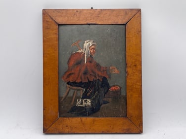 19th C. Oil/Board: Woman with Cat
