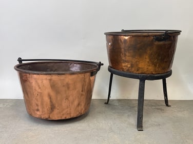 Two Copper Apple Butter Kettles and Stand