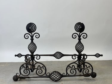 Pair of Arts & Crafts Wrought Iron Andirons