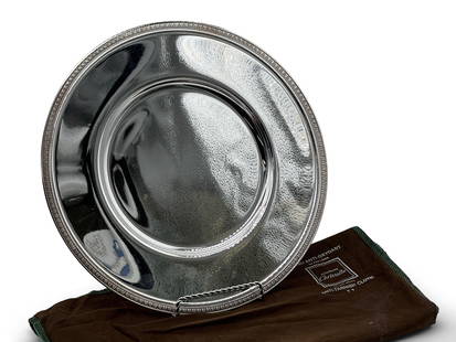 Eight Christofle Malmaison Silverplate Chargers: A set of eight Christofle Malmaison silver plate chargers with decorated edges. 11-7/8in diameter. | You have additional shipping options! Philadelphia Metro area delivery, NYC curbside delivery, and