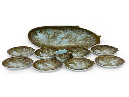 Marcel Guillot French Pottery Fish Service: A Marcel Guillot French midcentury pottery fish service with platter, sauce boat, and eight plates. Platter: 27in x 9in. | You have additional shipping options! Philadelphia Metro area delivery, NYC c