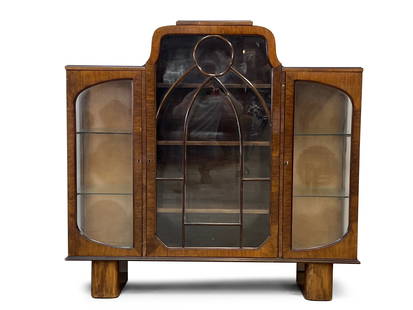 Art Deco Display Cabinet: An Art Deco display cabinet with three doors and a shelved interior. 50-1/4in tall x 52-1/2in wide x 11-1/4in deep. | You have additional shipping options! Philadelphia Metro area delivery, NYC curbsi