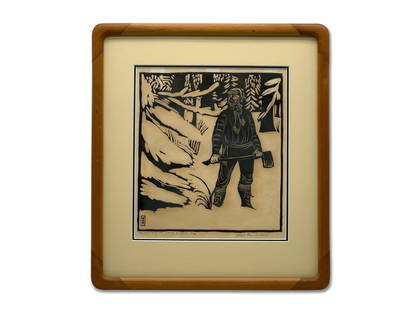 Wharton Esherick Woodblock Print: A Wharton Esherick woodblock print titled "The Song of the Broad Axe - Beauty of Woodsmen". Signed in pencil lower right and numbered 44/50. Framed. Mat opening: 9-5/8in x 8-1/2in. Outside frame: 15-1