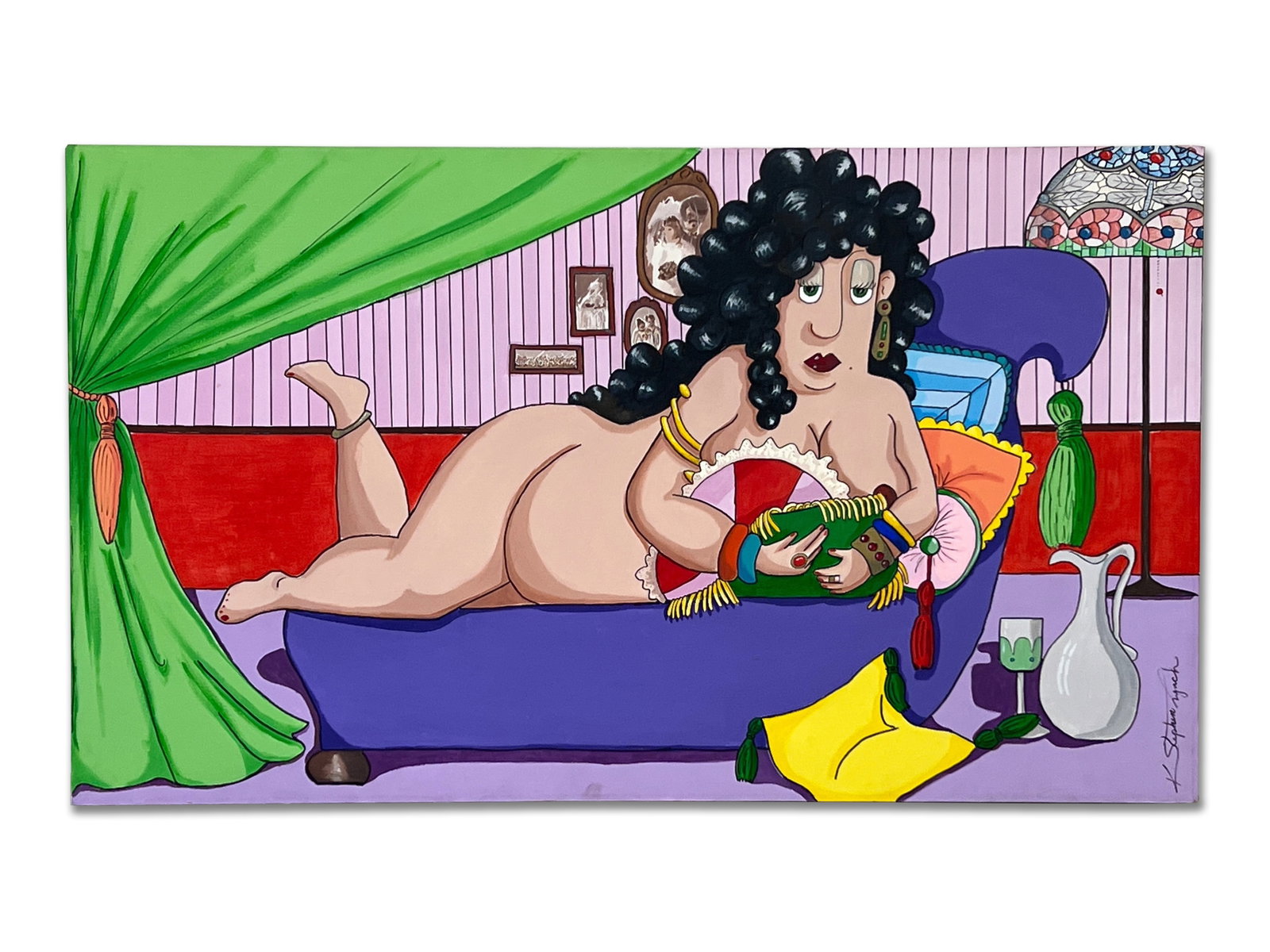 K. Stephen Lynch. Oil/Canvas: The Vamp: K Stephen Lynch (American, Contemporary). An oil on canvas depicting a recumbent woman. Signed lower right and titled "The Vamp", 2/98 verso. 28in x 48in. | You have additional shipping options! Phila