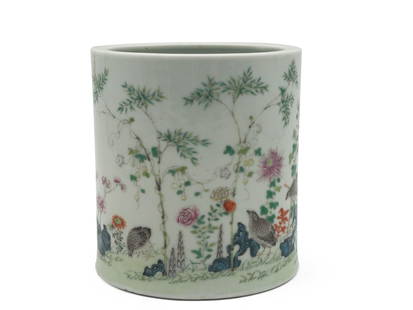 Chinese Famille Rose Porcelain Brush Pot: A Chinese famille rose porcelain brush pot with a quail and foliate design, and four-character mark on underside. 6in tall x 5in wide. | You have additional shipping options! Philadelphia Metro area d