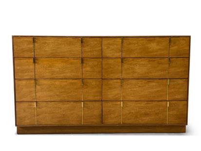 American Modern Walnut Dresser: An American Modern walnut dresser with brass inlay and hardware, by Hickory. 29in tall x 50-3/4in wide x 19-1/2in deep. | You have additional shipping options! Philadelphia Metro area delivery, NYC cu