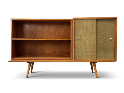 Paul McCobb Planner Group Storage System: A Paul McCobb for Winchedon Planner Group birch storage system comprised of a sliding door cabinet, open bookshelf, and low bench table. All pieces with labels as shown. Assembled: 36in tall x 60in wi