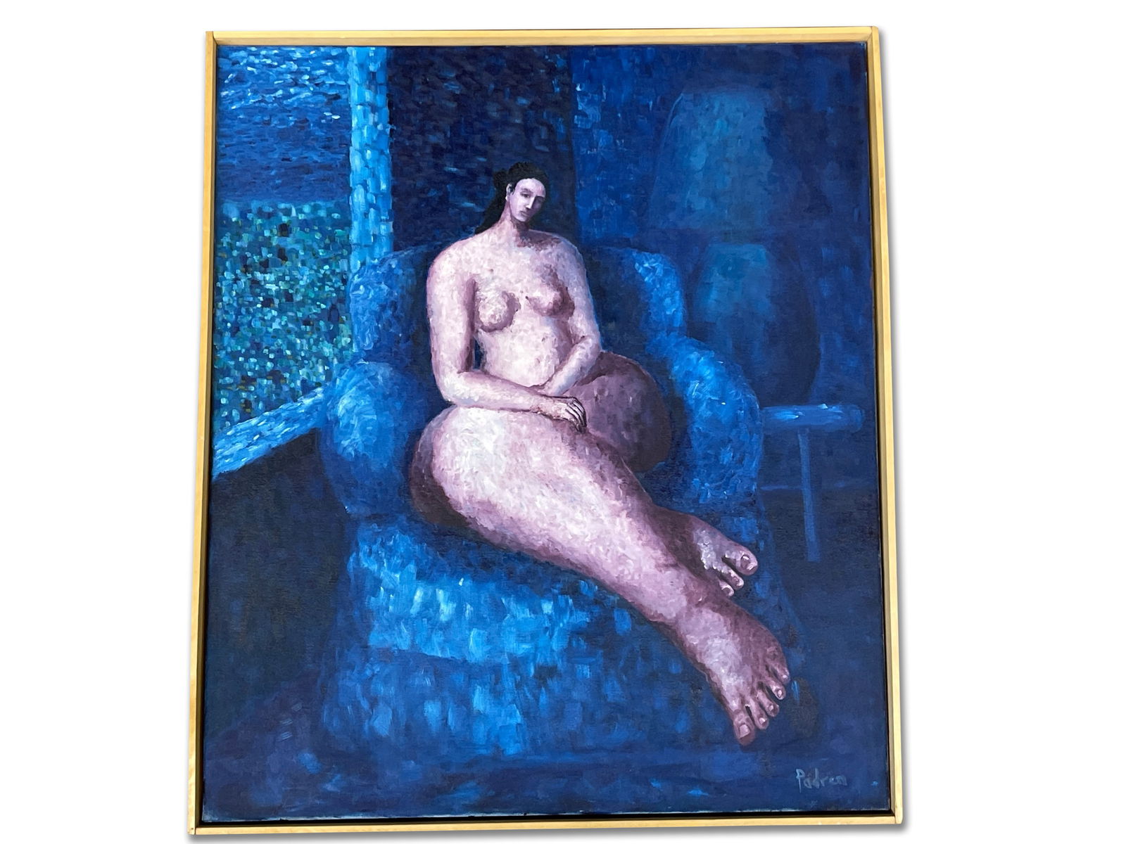 Luis Padron. Oil/Canvas: Blue Nude: A oil on canvas depicting a reclining nude against a blue backdrop. Signed lower right. Frame: 28-1/2in x 24-1/2in. | You have additional shipping options! Philadelphia Metro area delivery, NYC curbsi