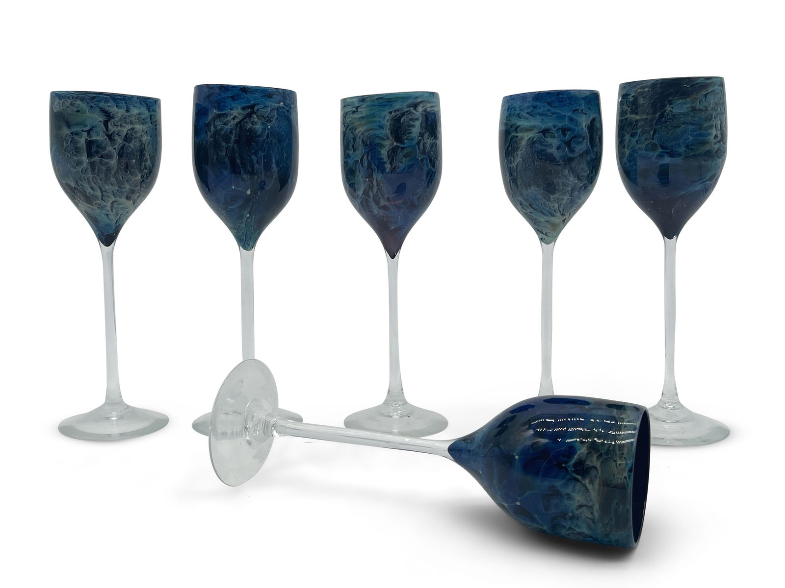 Josh Simpson Art Glass Blown Wine Glasses: A grouping of six Josh Simpson blown wine glasses with galaxy design. 9-1/2in tall x 3in wide. | You have additional shipping options! Philadelphia Metro area delivery, NYC curbside delivery, and othe