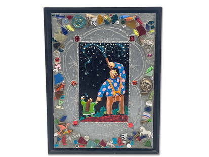 Lynn Loshbaugh. Mixed-Media Collage: Lynn Loshbaugh (American, 20th C.). A mixed-media oil and acrylic painting and collage titled "The Man Who Made Myths". Signed and titled verso with Gallery 500 tag. Frame: 13in tall x 10in wide. | Yo
