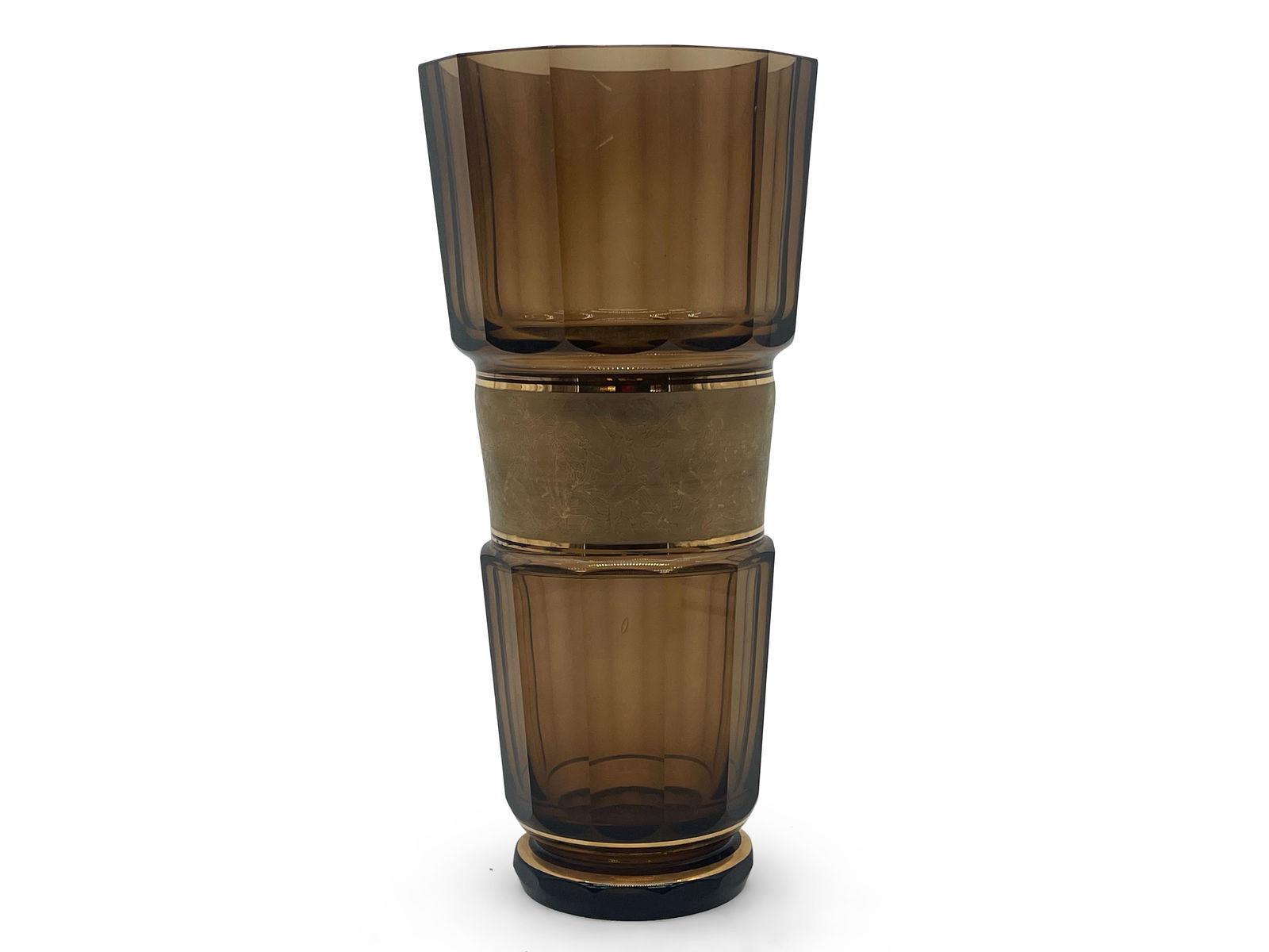 Moser Art Deco Figural Glass Vase: A Moser smoky topaz faceted Art Deco glass vase with gilded neoclassical banded center, attributed to Joseph Hoffman. 14-1/2in tall x 7in wide. | You have additional shipping options! Philadelphia Met