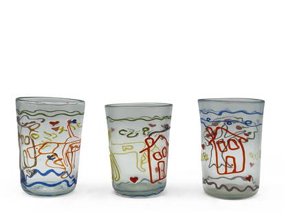 Three Richard Jolley Art Glass Tumblers: Three Richard Jolley (American, b. 1952) art glass tumblers with colored glass overlay depicting a dog, a house and a tree. Signed and dated. | You have additional shipping options! Philadelphia Metro