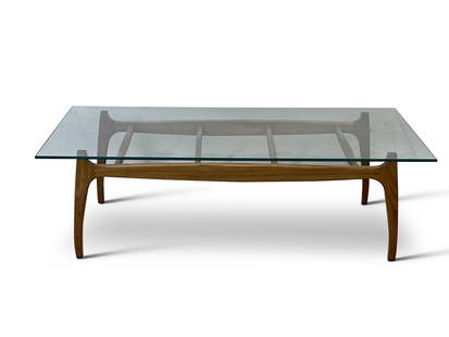 Midcentury Modern Glass Top Cocktail Table: A midcentury modern glass top cocktail table with a sculpted walnut slatted frame and rectangular glass top. 14-1/4in tall x 47-3/4in wide x 23-3/4in deep. | You have additional shipping options! Phil