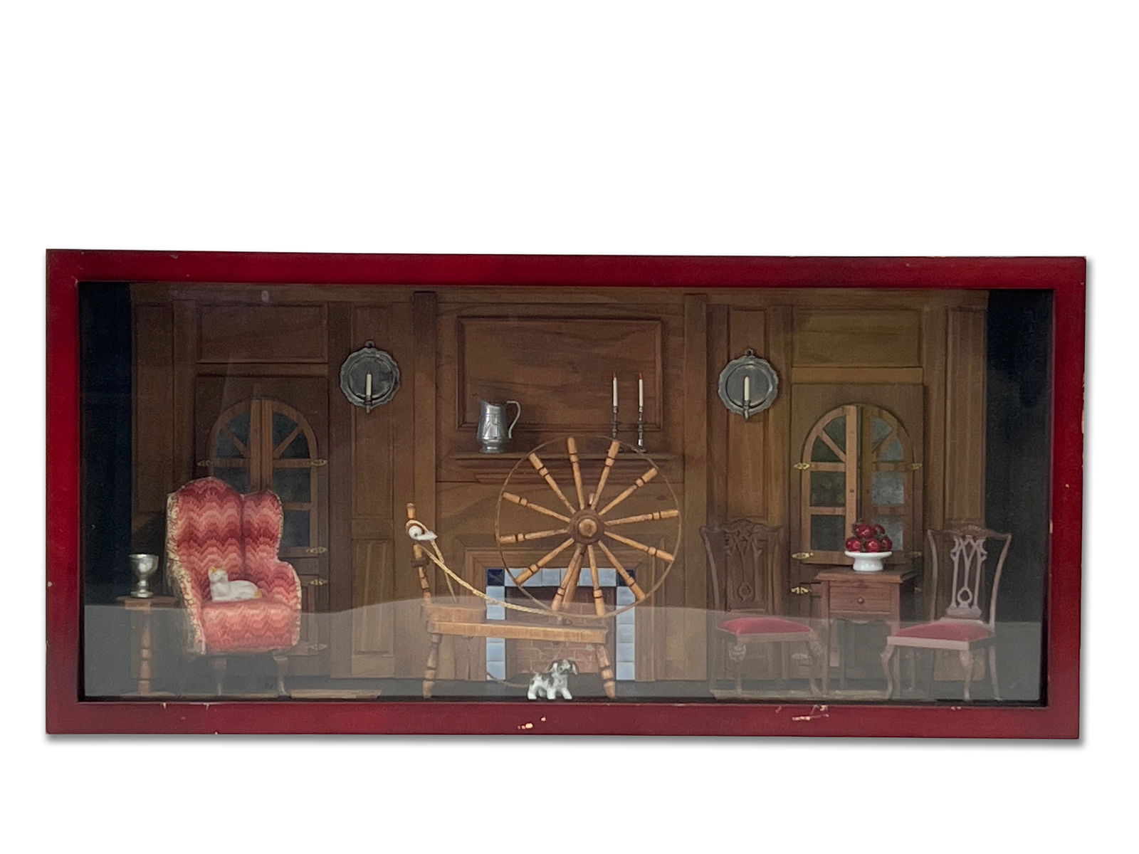 Diorama of an Interior Decorated with Miniatures: A glass-front diorama depicting a home interior decorated with period-style miniature furnishings. 9-3/4in tall x 20-3/4in wide x 7in deep. | You have additional shipping options! Philadelphia Metro a