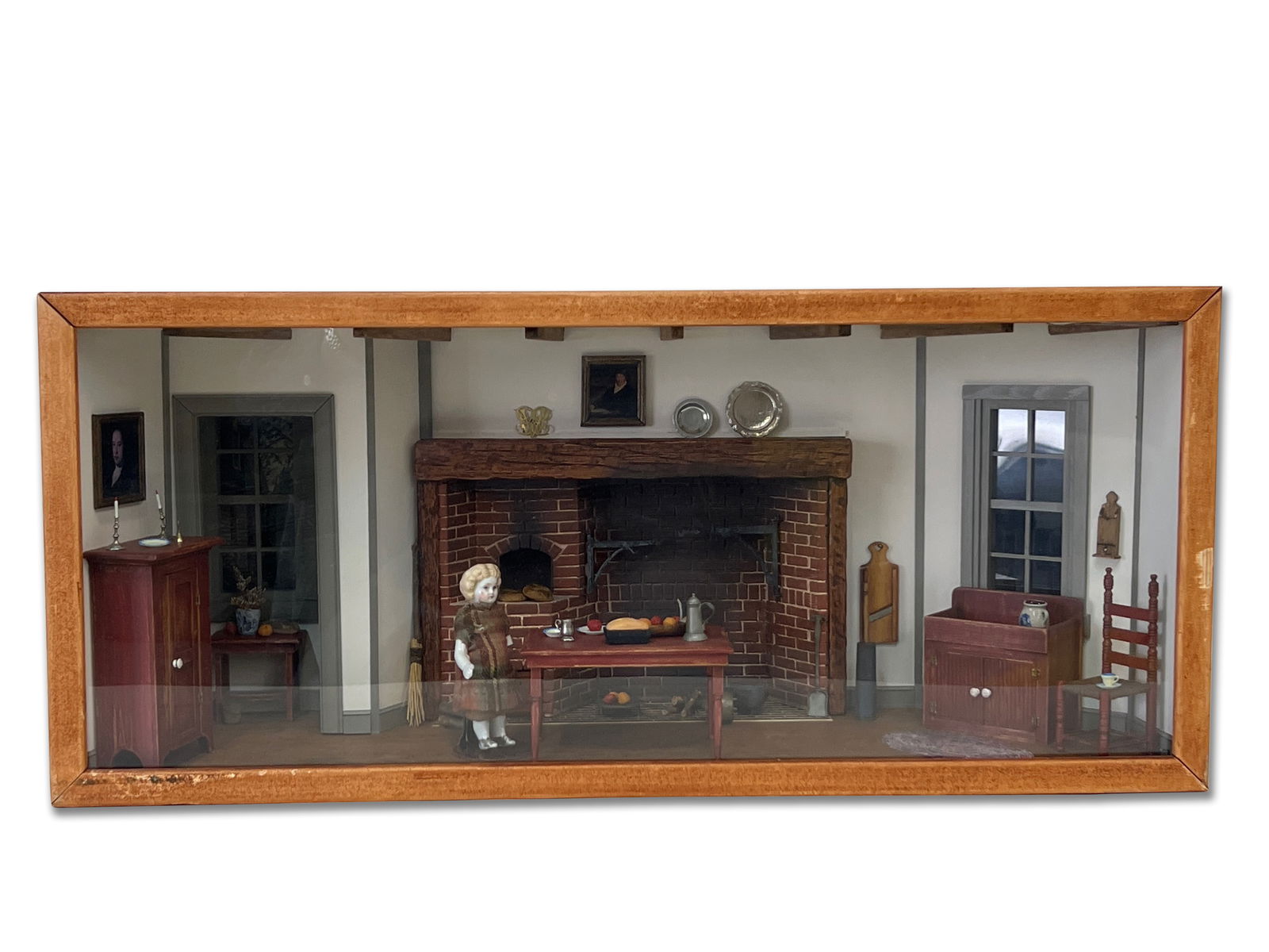 Diorama of an Interior Decorated with Miniatures: A diorama of a home interior depicting an open hearth and decorated with period-style miniatures. 10in tall x 23in wide x 8in deep. | You have additional shipping options! Philadelphia Metro area deli