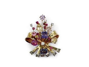 14K Yellow Gold, Diamond, & Gemstone Fur Clip