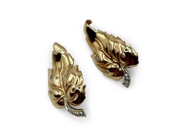 Pair of 14K Gold and Diamond Leaf Earrings