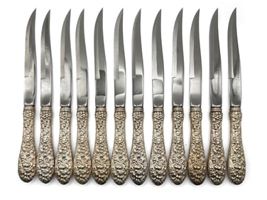 Twelve Stieff Silver Repoussé Steak Knives