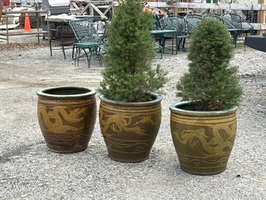 Three Chinese Dragon Decorated Pottery Planters