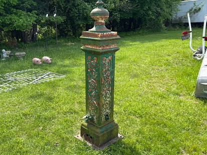 French Early 20th C. Cast Iron Water Fountain: An early 20th C. cast iron dual-sided water fountain with green painted exterior. Top finial shows a foundry mark. 69in tall x 13in wide. | You have additional shipping options! Philadelphia Metro are