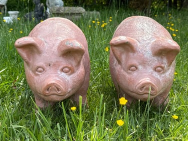 Pr. Painted Cast Stone Pig Garden Sculptures