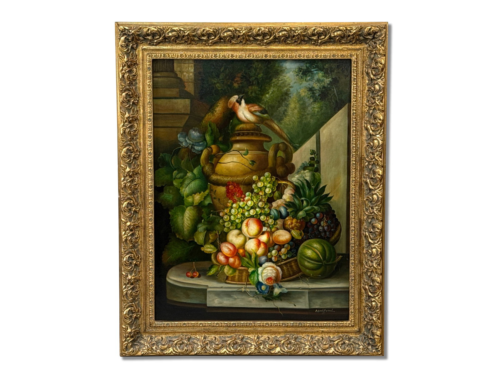 Decorator Gilt-Framed Classical Still Life: A decorator gilt-framed still life painting on canvas depicting a fruit urn and exotic bird. Signed lower right. Canvas: 40in x 30in. Outside frame: 50-1/2in x 40-1/4in. | You have additional shipping
