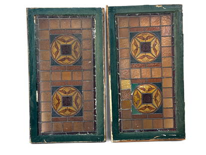 Pair of Stained and Leaded Glass Windows: A pair of stained and leaded glass windows with green-painted wood frames. Outside frames: 40-1/2in x 22-1/2in. | You have additional shipping options! Philadelphia Metro area delivery, NYC curbside d