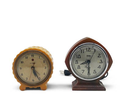 Two Bakelite Art Deco Clocks: To include a General Electric clock with butterscotch Bakelite case, and a Bond Catalin Bakelite electric clock. Larger: 6in tall x 5in wide. | You have additional shipping options! Philadelphia Metro