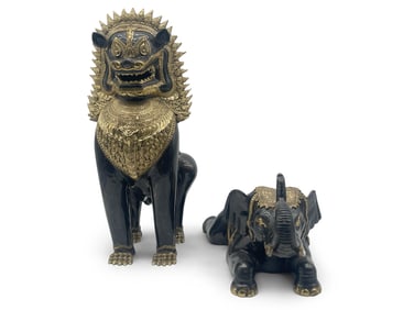 Thai Patinated Bronze Foo Dog and Elephant