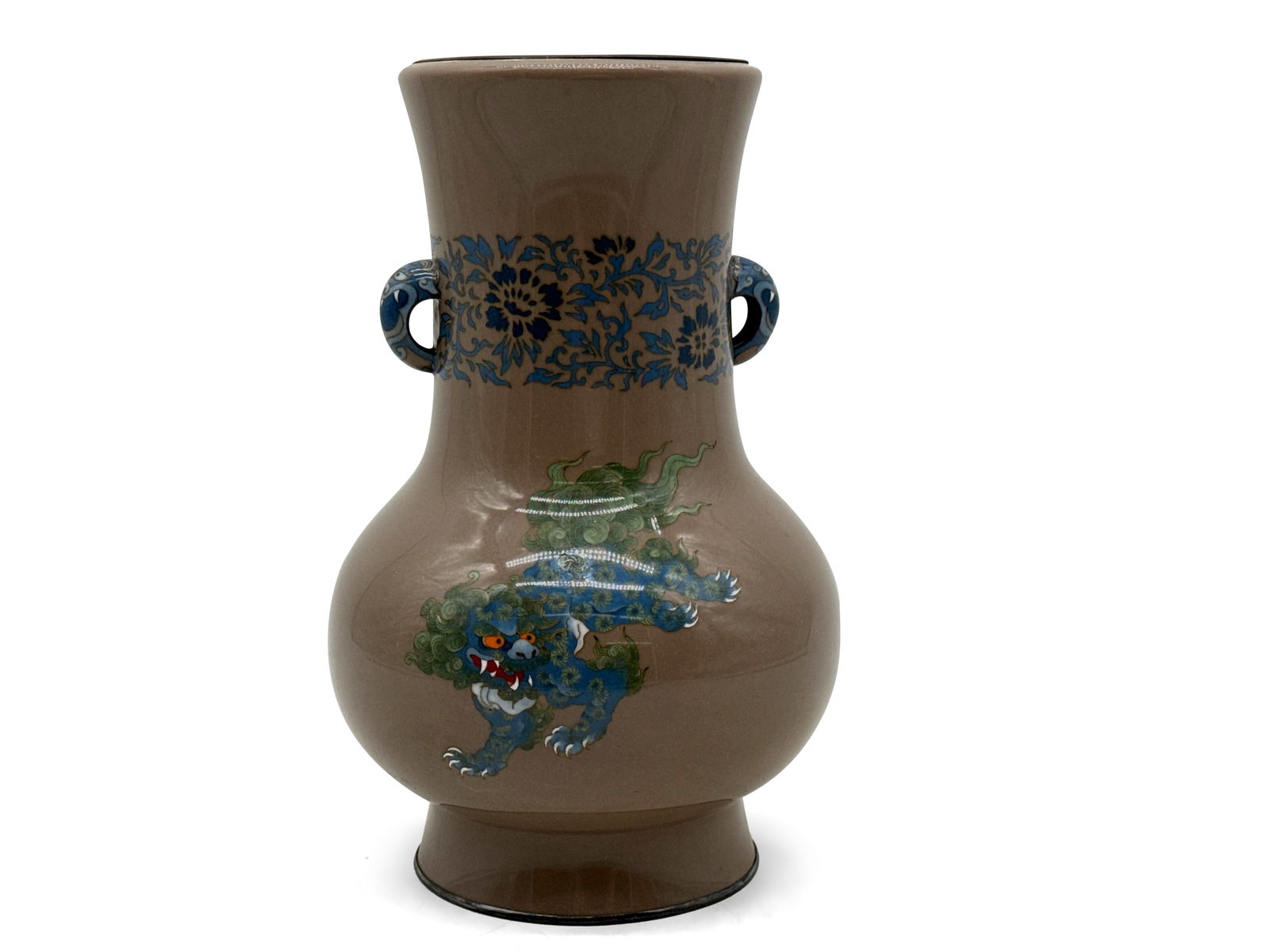 Japanese Signed Cloisonné Enameled Vase: A Japanese cloisonné vase with foo lion and peony decoration, and mask ring handles. Signed on silver rimmed base. 9in tall x 5in wide. | You have additional shipping options! Philadelphia Metro area
