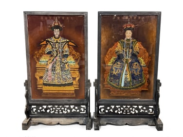 Two Chinese Reverse Glass Imperial Table Screens