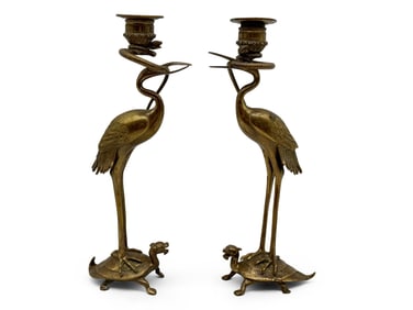 Chinese Bronze Heron and Turtle Candlesticks