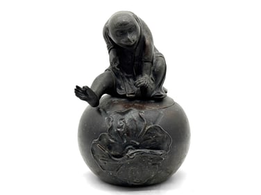 Large Japanese Bronze Monkey and Persimmon Box