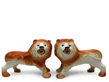 Two Large Staffordshire Lion Statues: Two large Staffordshire lion statues with glass eyes. 11in tall x 13in wide. | You have additional shipping options! Philadelphia Metro area delivery, NYC curbside delivery, and other third-party ship