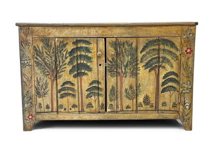 Folk Art Paint Decorated Two-Door Low Cabinet: A Folk Art paint-decorated two-door low cabinet with a tree design and shelved interior. 30-1/2in tall x 49-1/2in wide x 21-1/2in deep. | You have additional shipping options! Philadelphia Metro area