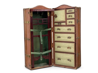 Antique Coated Canvas Clad Wardrobe Steamer Trunk