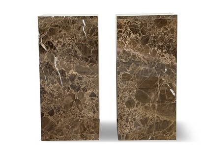 Pair of Marble Square Column Display Pedestals: A pair of modernist marble square column display pedestals or stands. 30in tall x 14in wide x 12in deep. | You have additional shipping options! Philadelphia Metro area delivery, NYC curbside delivery