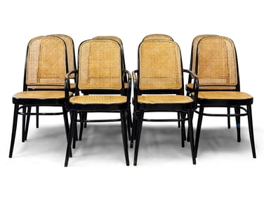 Eight Ebonized Bentwood and Cane Dining Chairs