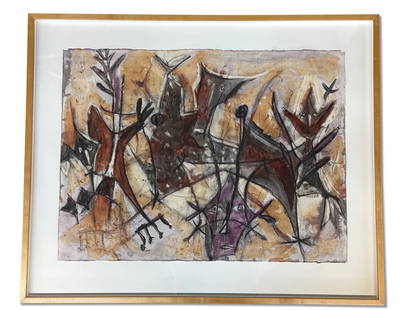 Alejandro Santiago Mixed Media/Paper: Abstract: Alejandro Santiago (Mexico, 1964-2013). A mixed media watercolor and oil pastel on paper abstract illustration. Signed lower right. Paper: 22in x 29in. Frame: 30in x 36-1/2in. | You have additional sh