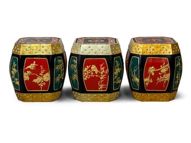 Three Chinese Lacquered Wood Rice Barrel Stools