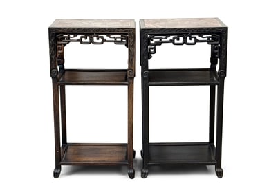 Pair of Chinese Hardwood Marble Top Stands