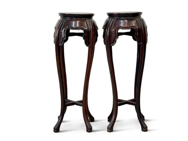 Pair of Chinese Marble Top Hardwood Stands