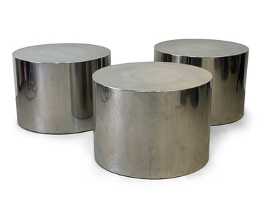 Three Modernist Stainless Steel Drum Tables