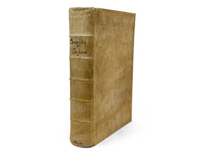 Holinshed's Chronicles of England, 1586: "Holinshed's Chronicles of England, Scotland and Ireland" by Raphael Holinshed, 1586. Second edition, volumes I and II (of three) bound in one volume. Major source for Shakespeare's plays. Full period