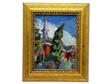 Hopkins Oil/Board: Church Scene