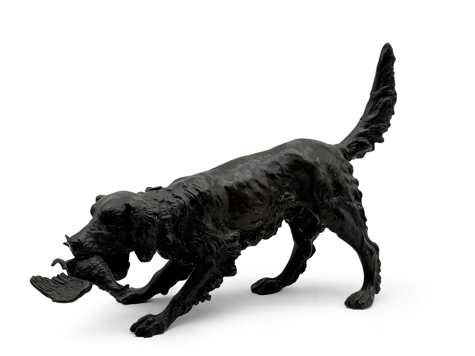 Bronze Hunting Dog Sculpture: A bronze sculpture of a hunting dog with game bird. 11in tall x 14in wide. | You have additional shipping options! Philadelphia Metro area delivery, NYC curbside delivery, and other third-party shippe